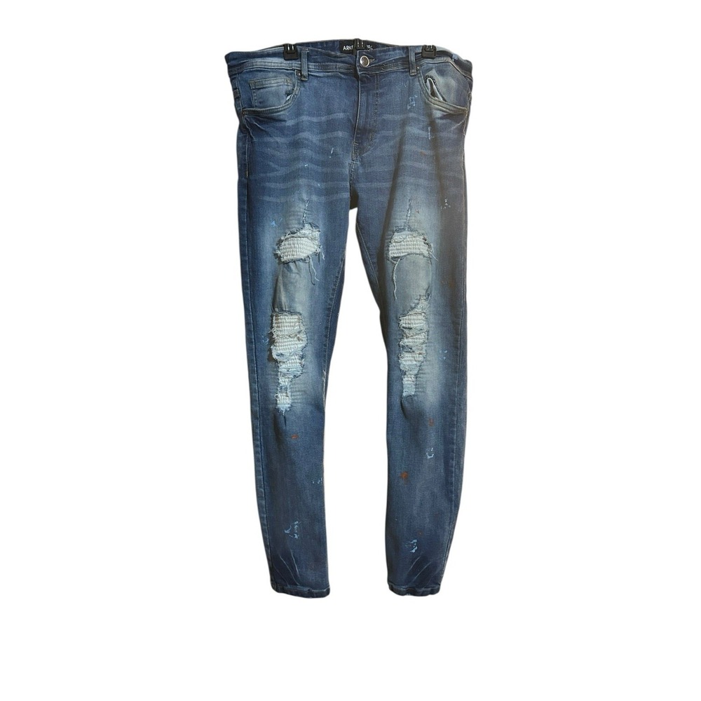 Arketype Mens Slim Jeans 38x33 Distressed Paint Splatter Stretch Blue Denim